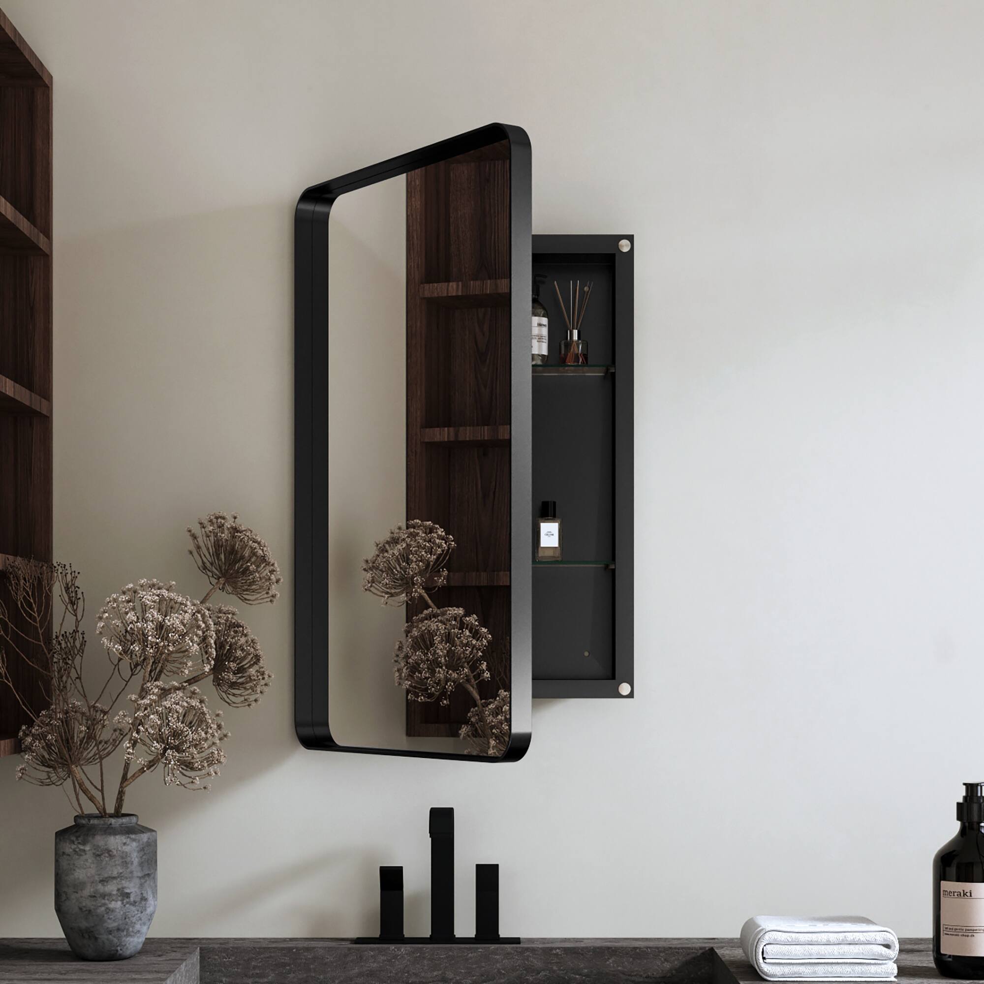 Front. APRILSOUL - 20x30 Inch Recessed Black Metal Framed Medicine Cabinet with Mirror and Adjustable Shelves - Matte Black.