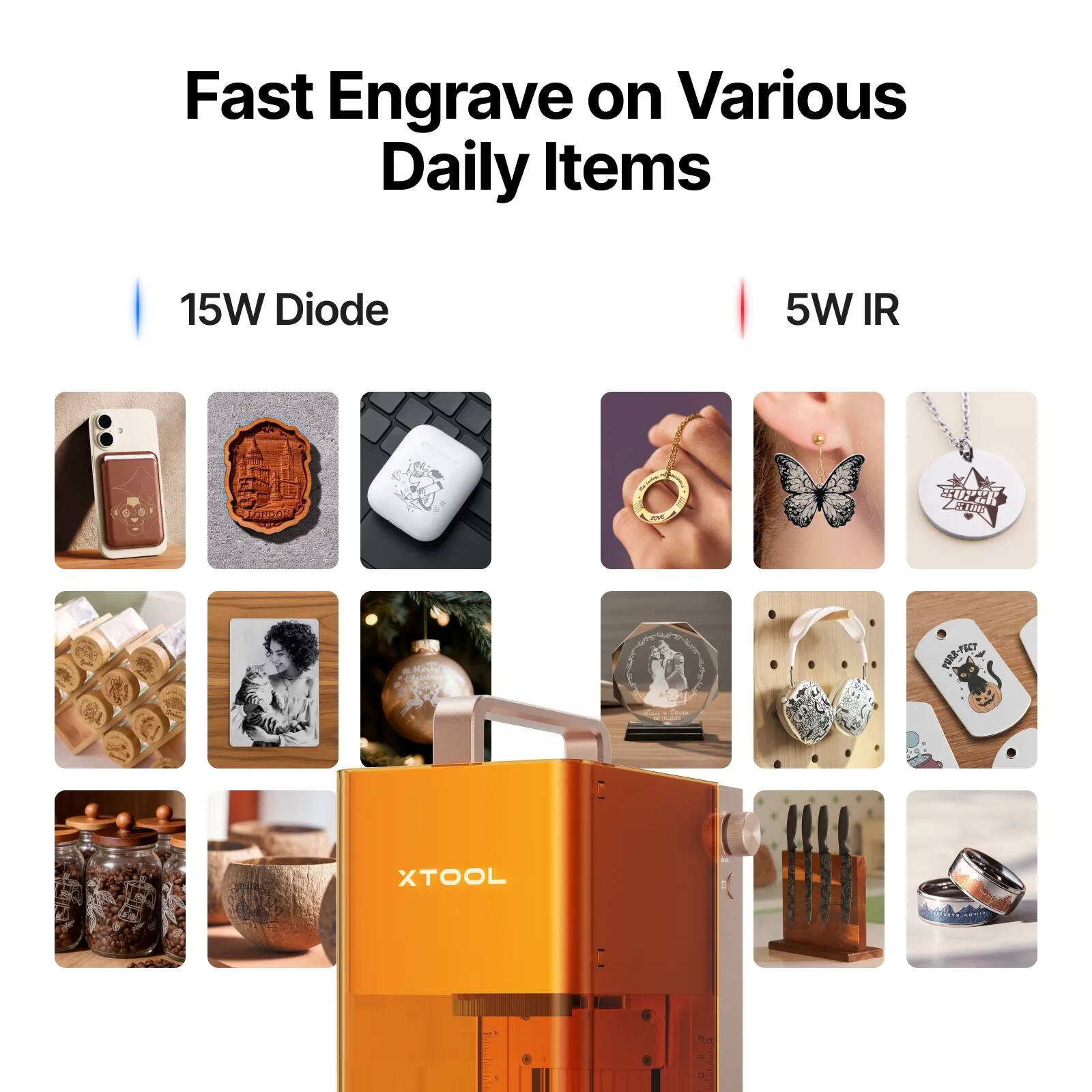 Fast Engrave on Various Daily Items

15W Diode

5W IR

XTOOL
