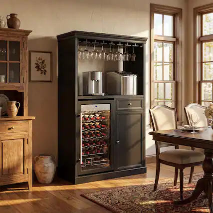 Front. Famapy - Bar Cabinet with 85L Wine Fridge, Holds 34 Bottles, Freestanding Liquor Cabinet with Glass Rack, Drawer & Storage - Black.