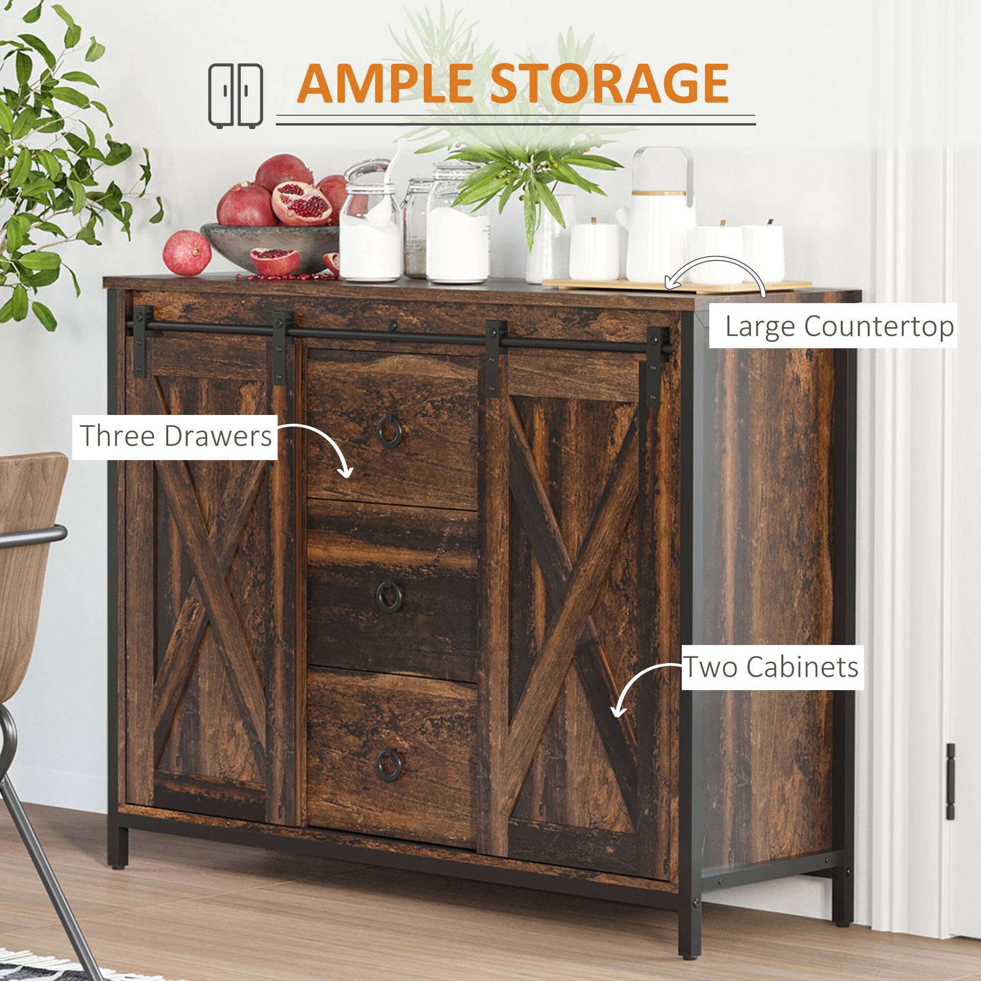 AMPLE STORAGE
Large Countertop
Three Drawers
Two Cabinets