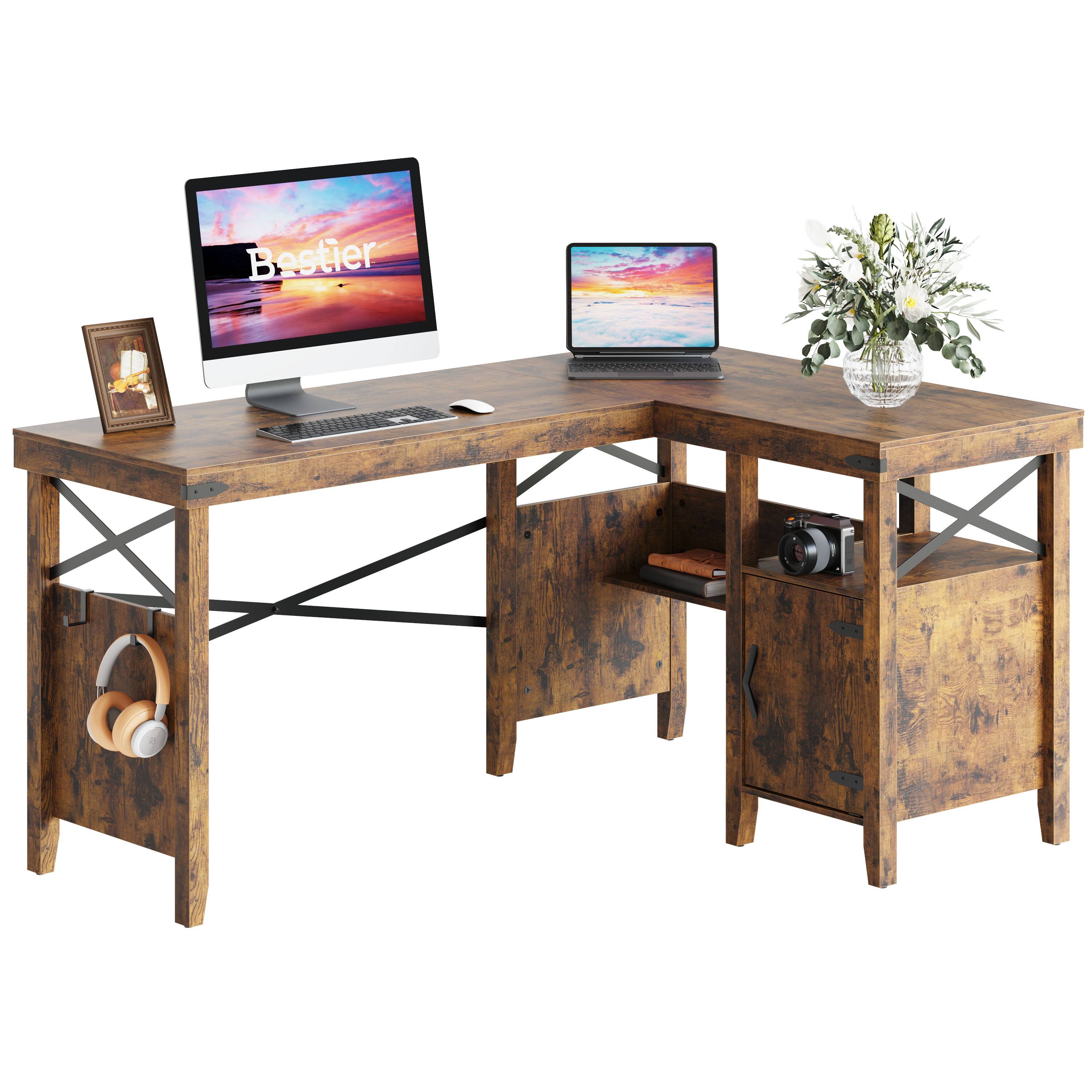 Angle. Bestier - Farmhouse L-Shaped Computer Desk with Storage Cabinet and Bookshelf - 60" Wide - Brown.
