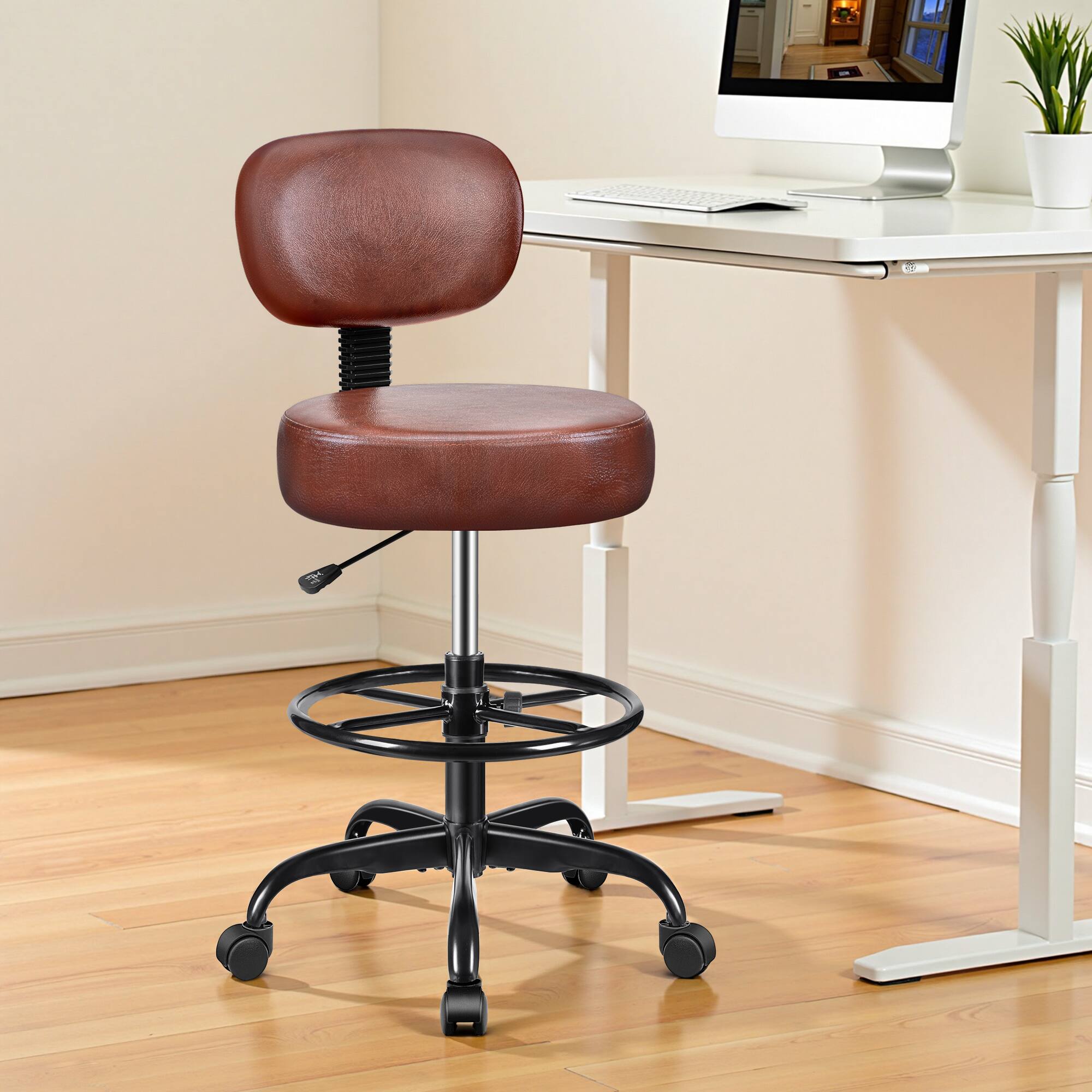 Alt View 5. KERDOM - Height Adjustable Drafting Chair with Footrest Removable Back, PU Leather Swivel Stool with Wheels for Office, Salon - Ember Brown.