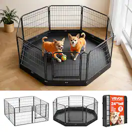 VEVOR - Dog Playpen 24 Inch 8 Panels Foldable Exercise Pen with Bottom Pad, Indoor Metal Pet Fence with Door - Black