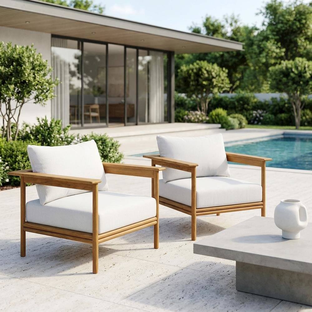 Left. Outdoor Escape - Set of 2 Outdoor Teak Wood Armchairs for Patio Lounge Comfort - White.