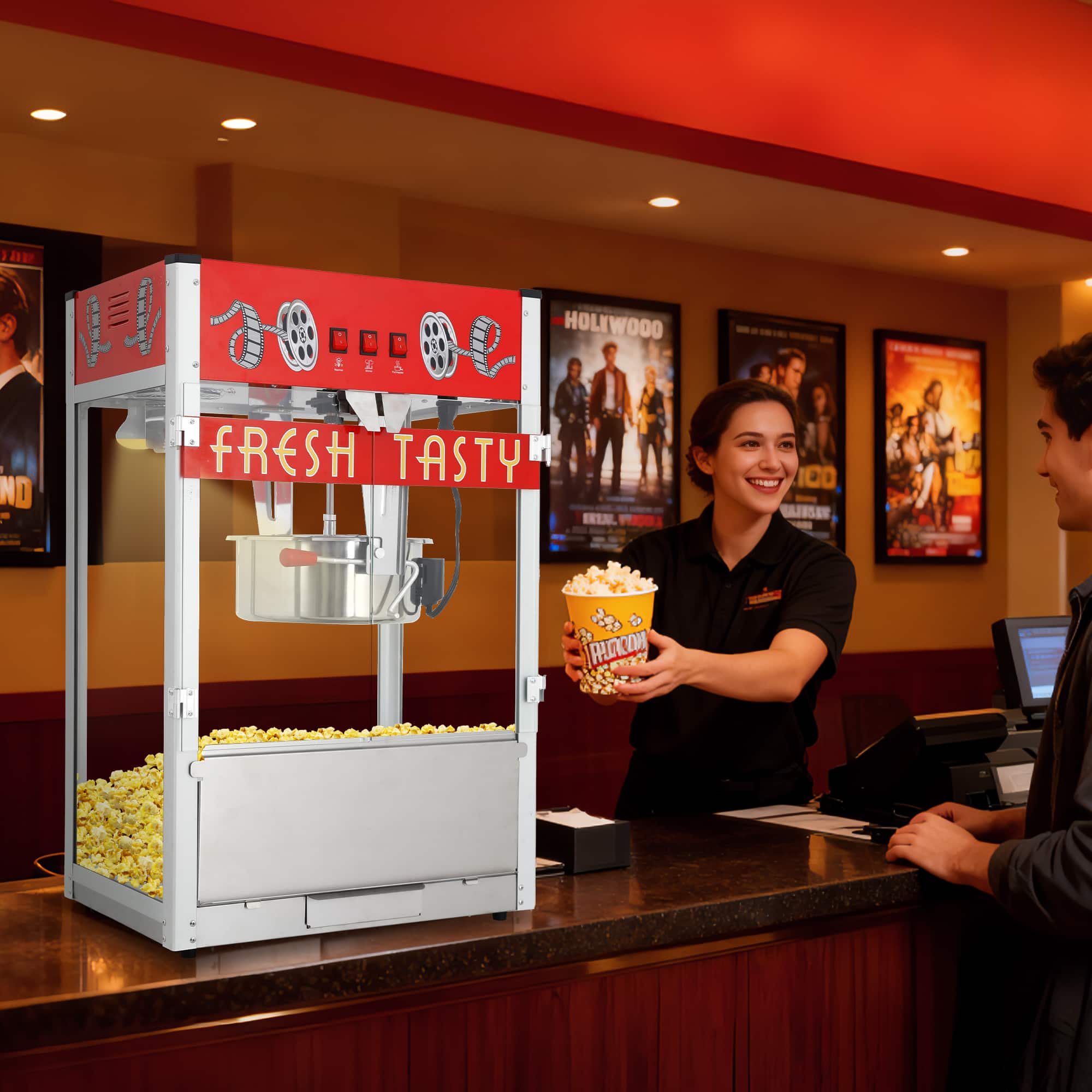Tiramisubest - Commercial Popcorn Machine,30 Oz Kettle,1600 W,Movie Theater Tabletop Popcorn Machine with 3-Switch Control - Red