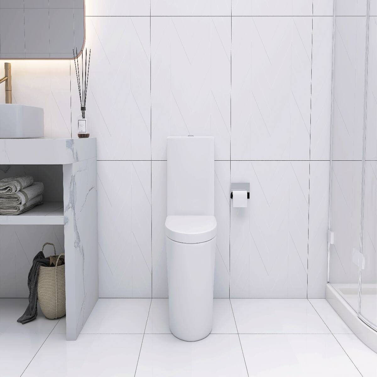 Angle. Loheer - Loheer Elongated One Piece Toilet White Porcelain Modern Skirted Dual Flush Bathroom - White.