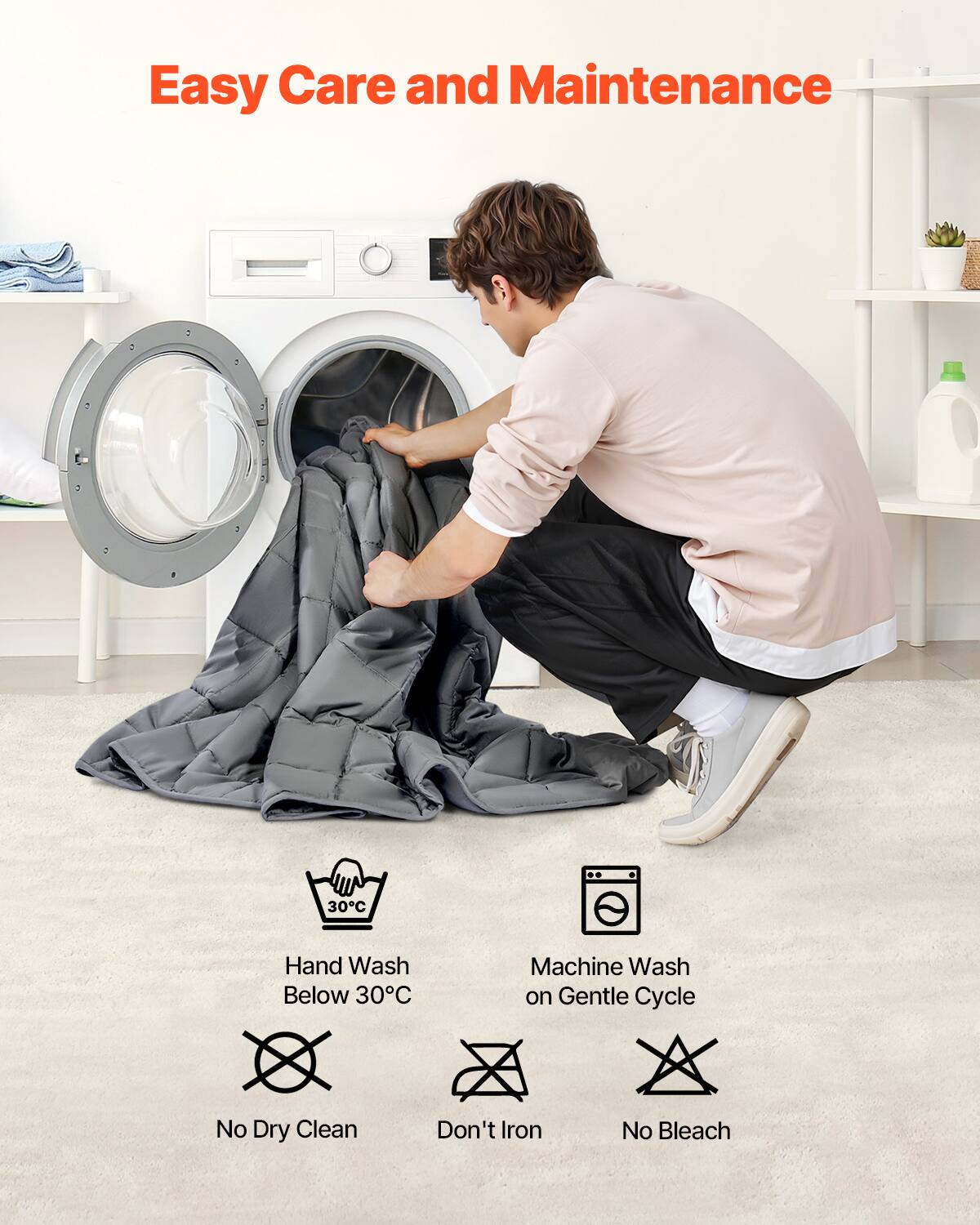 Easy Care and Maintenance

- Hand Wash Below 30°C
- Machine Wash on Gentle Cycle
- No Dry Clean
- Don't Iron
- No Bleach