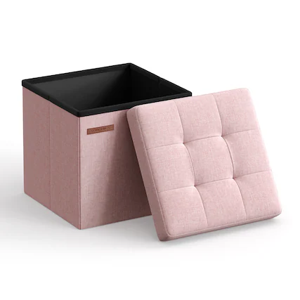 Front. Songmics Home - Storage Ottoman, Foldable Small Ottoman Foot Rest, 11.8 Inches Foot Stool, Cube Ottoman with Storage, Load up to 286 lb - Jelly Pink.