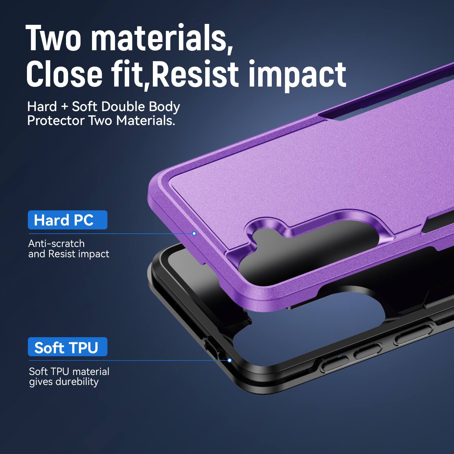 Two materials, Close fit, Resist impact  
Hard + Soft Double Body Protector Two Materials.  
Hard PC  
Anti-scratch and Resist impact  
Soft TPU  
Soft TPU material gives durability