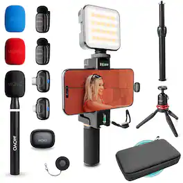 MOVO - iVlogger-PRO Wireless Vlogging Kit for iPhone/Android with Dual Wireless Mics, RGB Light, Tripod + More