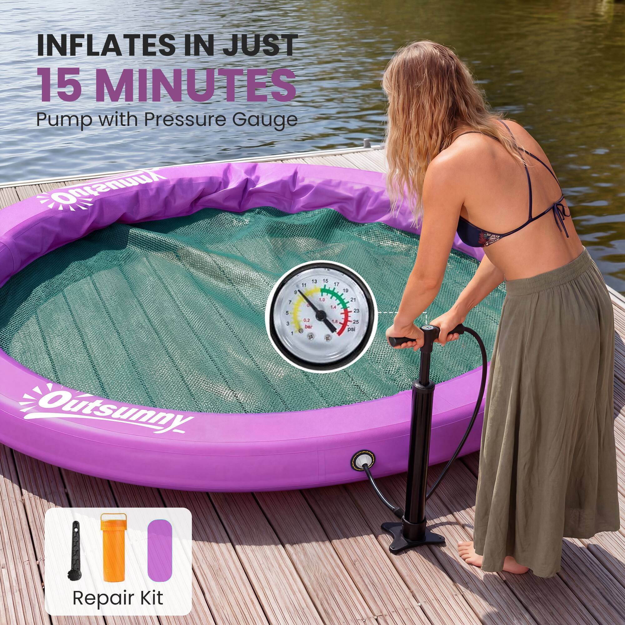 INFLATES IN JUST 15 MINUTES  
Pump with Pressure Gauge  
Outsunny  
Repair Kit