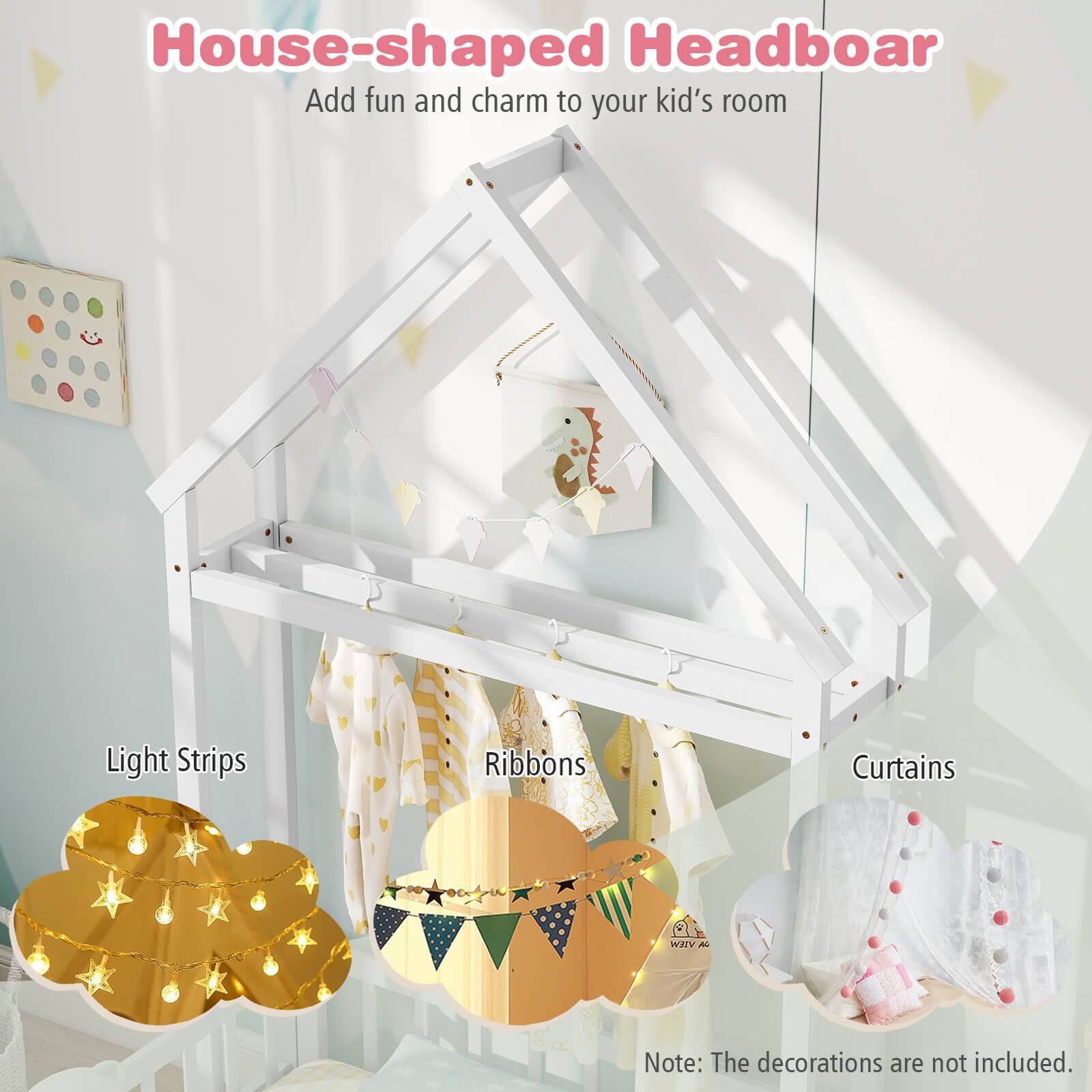 House-shaped Headboard Add fun and charm to your kid's room Light Strips Ribbons Curtains
