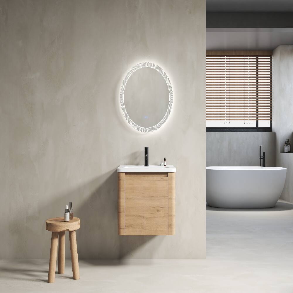 Angle. Loheer - Loheer 24 inch wall mounted bathroom vanity with white ceramic sink and soft close door - Imitative Oak.