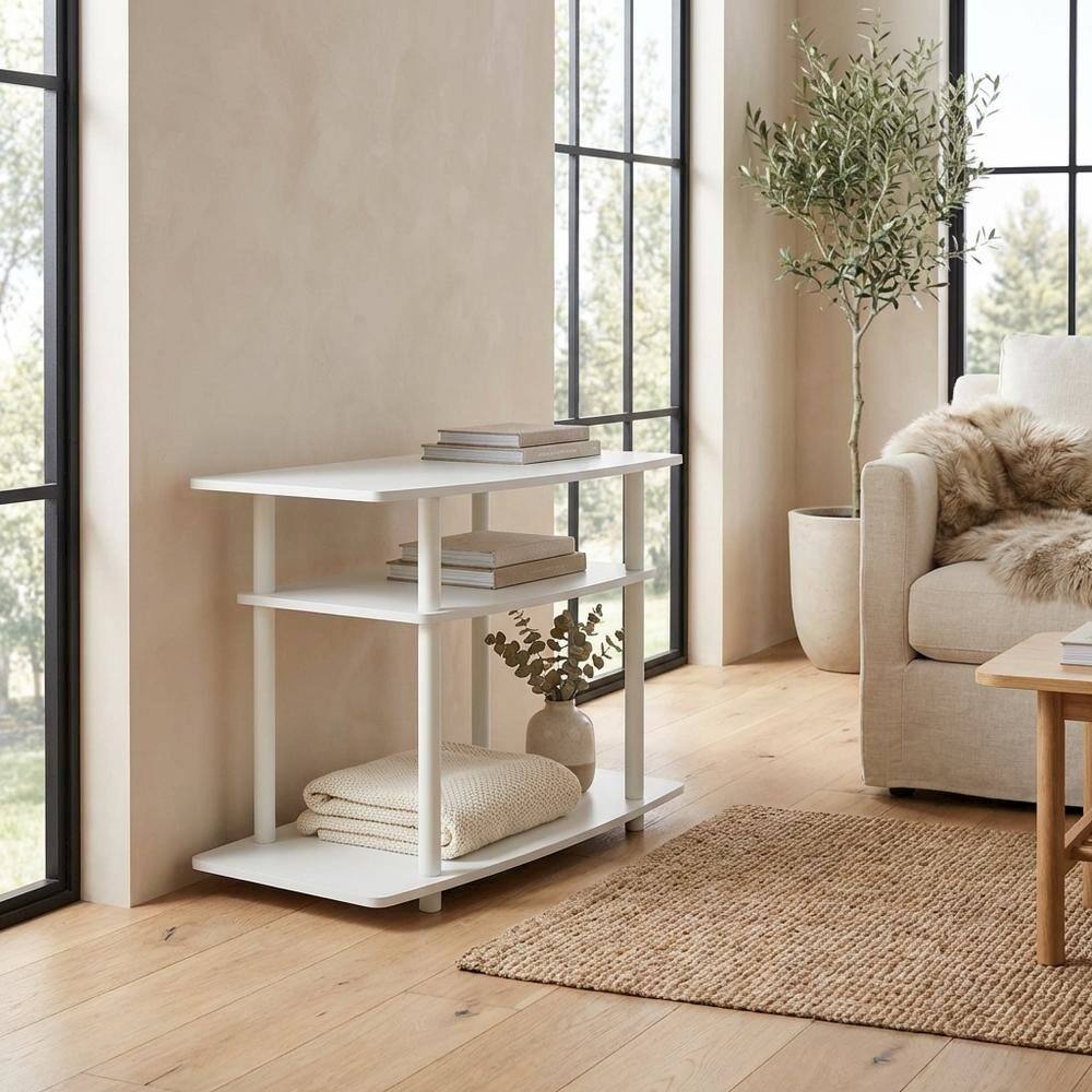 Alt View 2. FurniFact - White 3-Tier TV Stand with Rubberwood & Walnut Veneers for Modern Living - White.