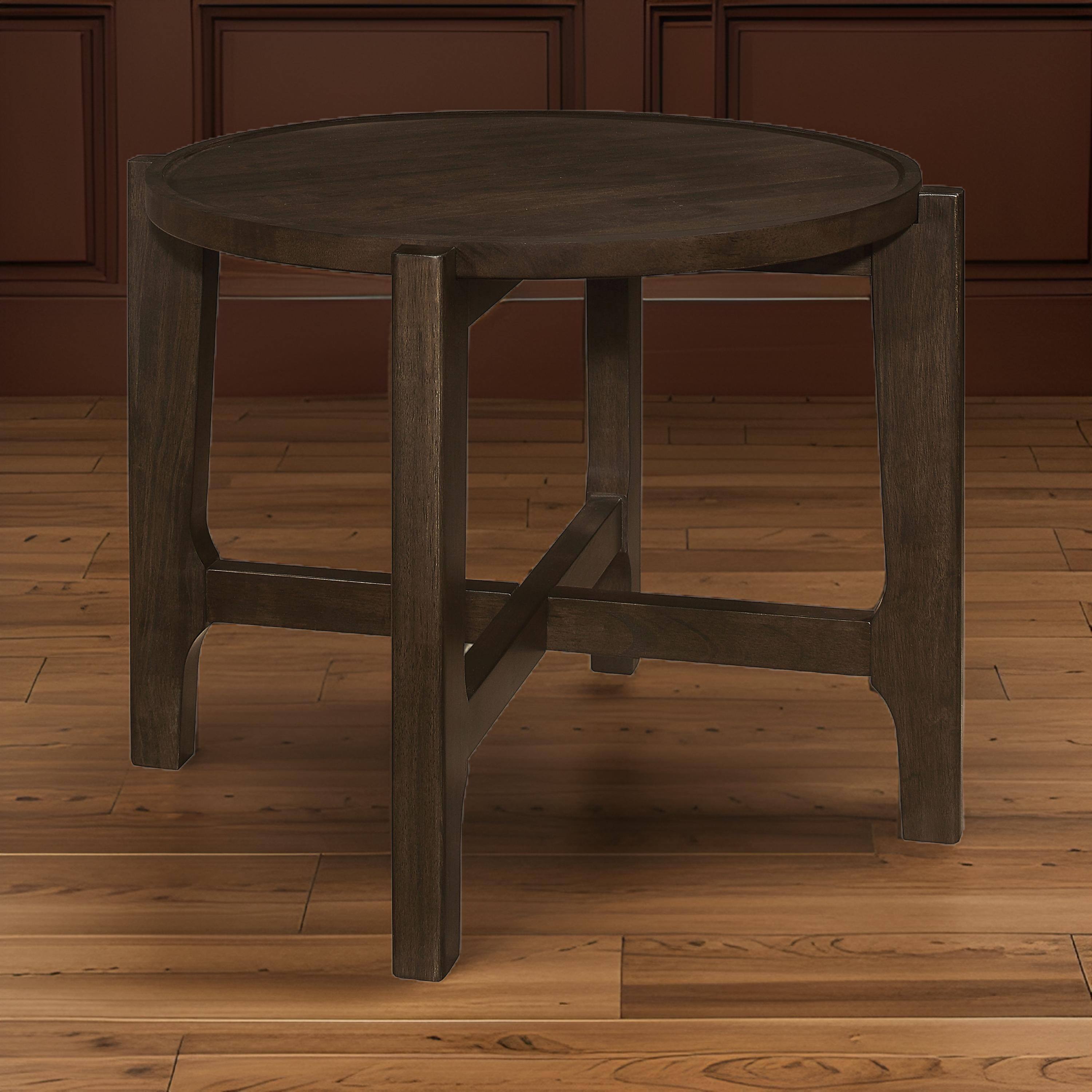 Alt View 2. Manhattan Lane - Katie End Table, Round 26 Inch Top, Solid Wood, Cross Beam Legs - Brown.