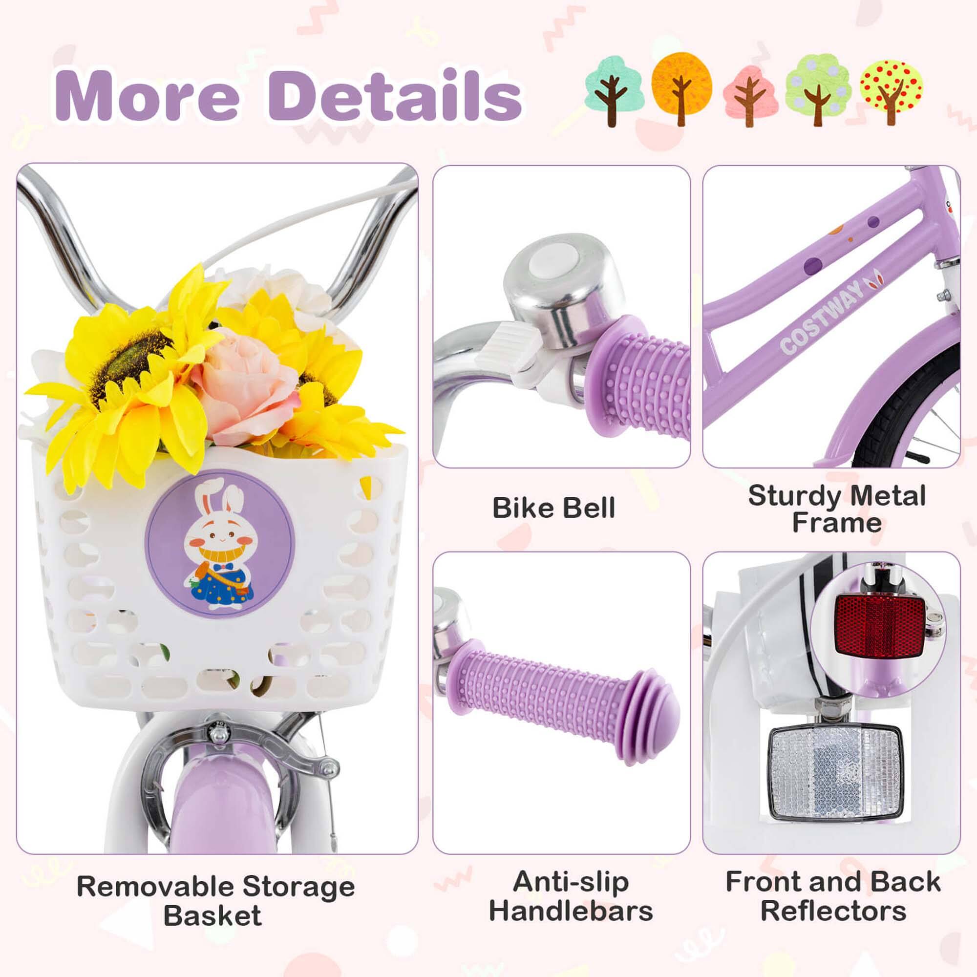 More Details

- Removable Storage Basket
- Bike Bell
- Sturdy Metal Frame
- Anti-slip Handlebars
- Front and Back Reflectors