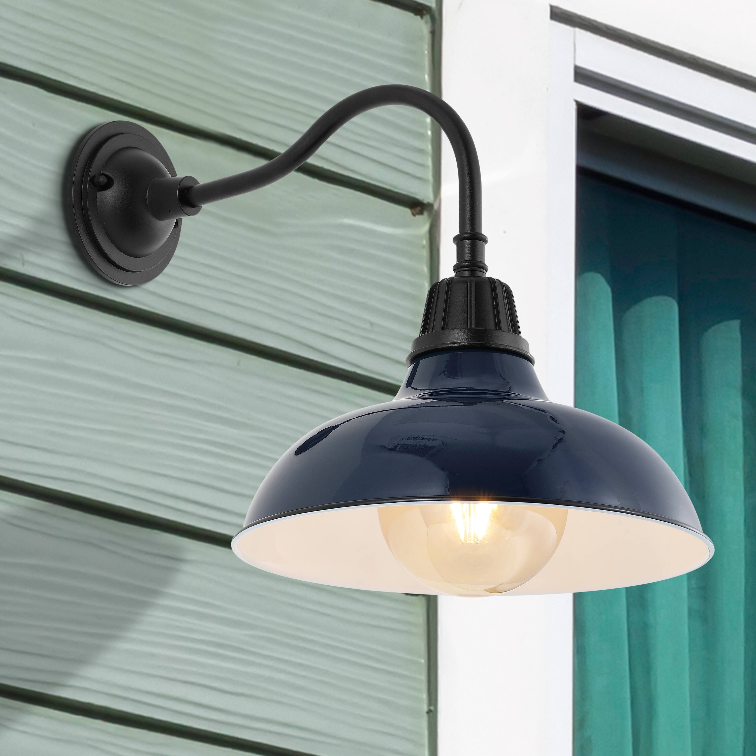 Alt View 7. Jonathan Y - Aurora 12.25" 1-Light Farmhouse Industrial Indoor/Outdoor Iron LED Gooseneck Arm Outdoor Sconce, Navy - Navy/Black.