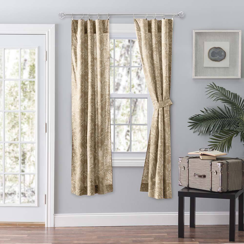 Angle. Ellis Curtain - Ellis Curtain Lexington Leaf Pattern on Colored Ground Curtain Pair with Ties 56"x63" Tan - Tan.
