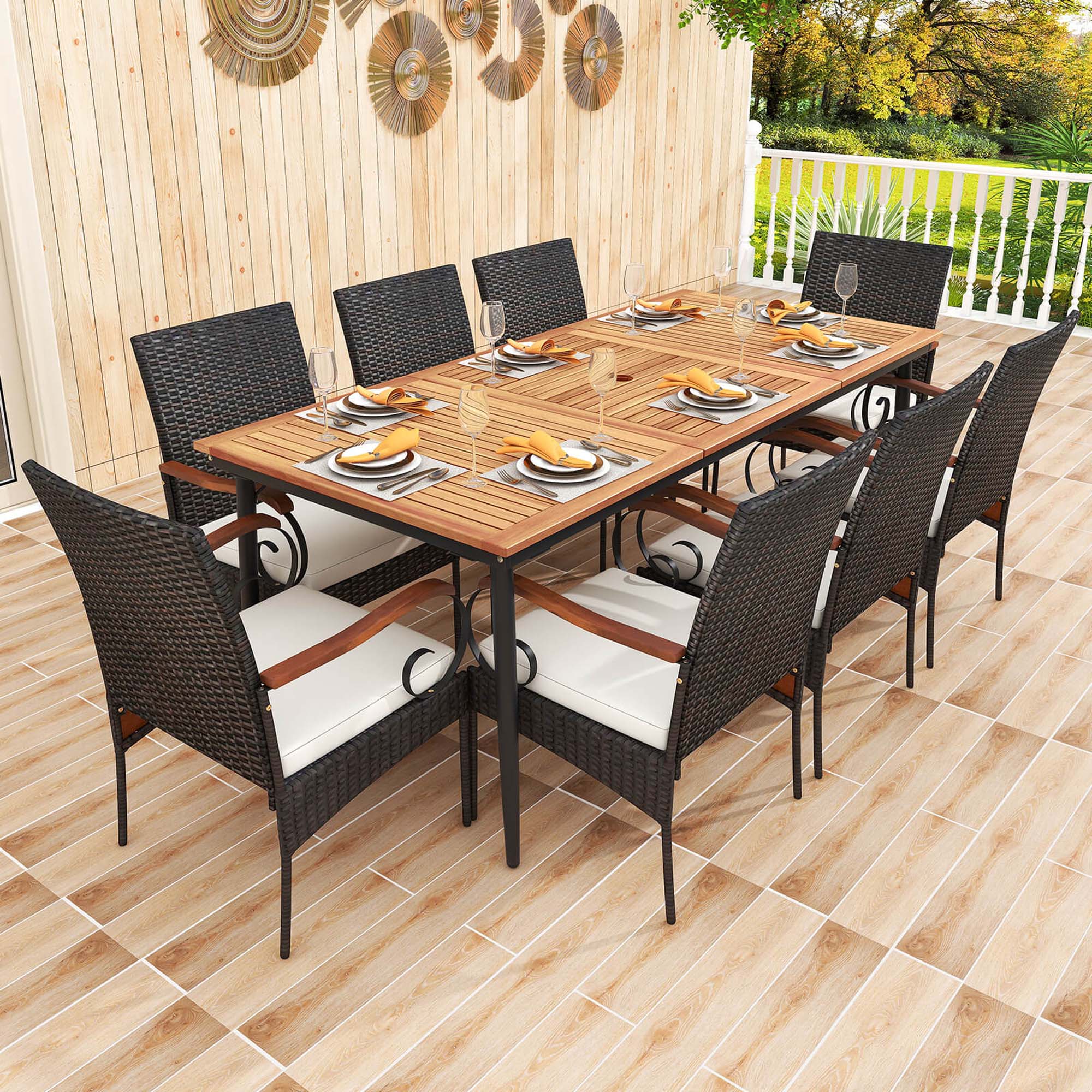 Alt View 2. Costway - 9 PCS Patio Dining Set with Acacia Wood Tabletop 1.9" Umbrella Hole Outdoor - Natural & Black,Mix Brown,Off White.