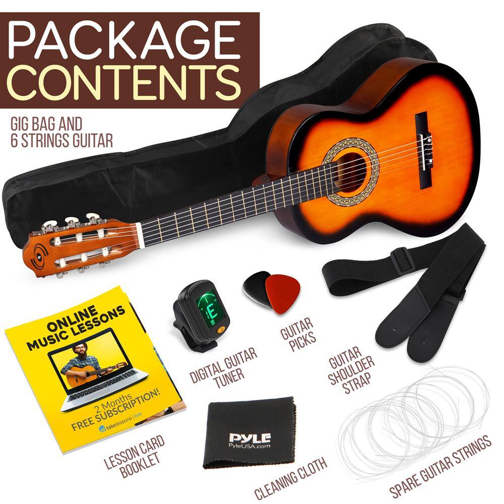 PACKAGE CONTENTS

- GIG BAG AND 6 STRINGS GUITAR
- ONLINE MUSIC LESSONS (2 Months FREE SUBSCRIPTION!)
- DIGITAL GUITAR TUNER
- GUITAR PICKS
- GUITAR SHOULDER STRAP
- CLEANING CLOTH
- SPARE GUITAR STRINGS
- LESSON BOOKLET