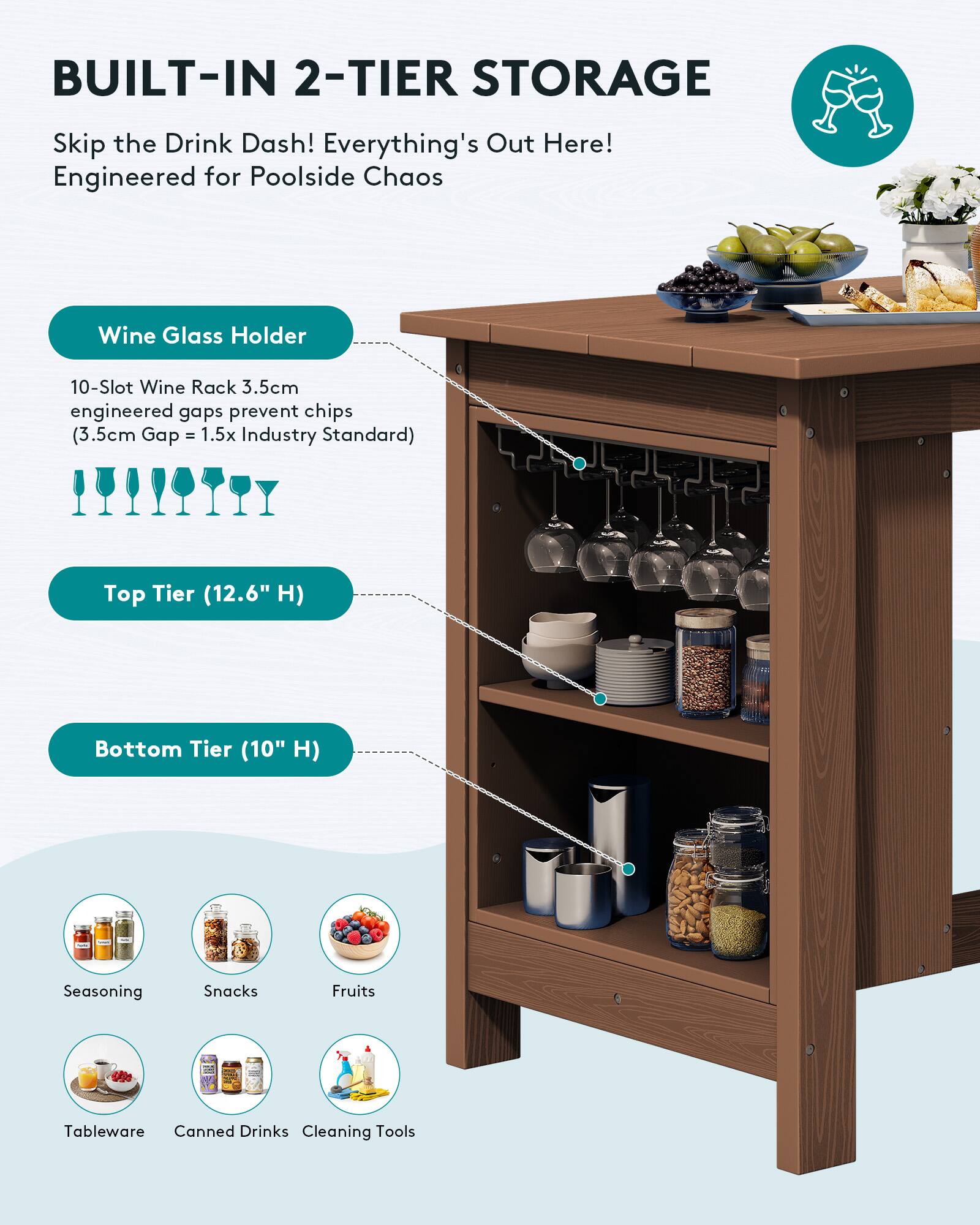 BUILT-IN 2-TIER STORAGE

Skip the Drink Dash! Everything's Out Here! Engineered for Poolside Chaos

Wine Glass Holder
10-Slot Wine Rack 3.5cm engineered gaps prevent chips (3.5cm Gap = 1.5x Industry Standard)

Top Tier (12.6" H)

Bottom Tier (10" H)

Seasoning
Snacks
Fruits
Tableware
Canned Drinks
Cleaning Tools