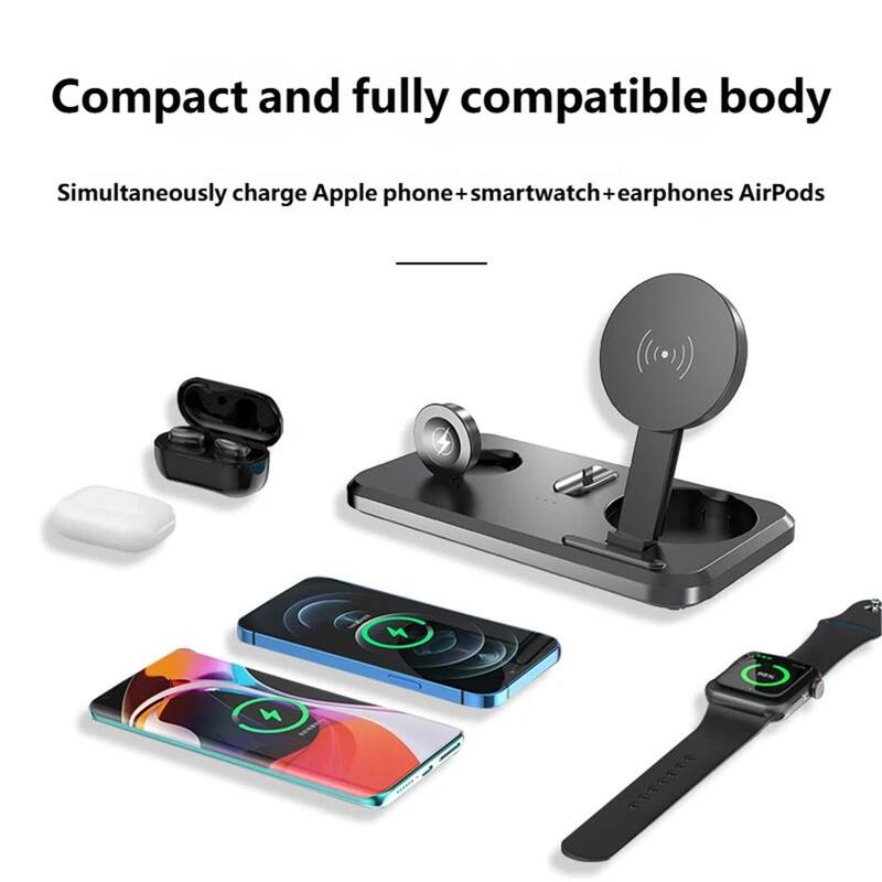 Compact and fully compatible body  
Simultaneously charge Apple phone + smartwatch + earphones AirPods
