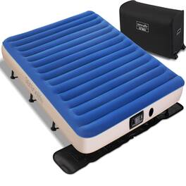 SereneLife - EZ Bed Air Mattress with Frame and Rolling Case, Self-Inflating Airbed with Built in Pump for Travel and Host - Blue/ White