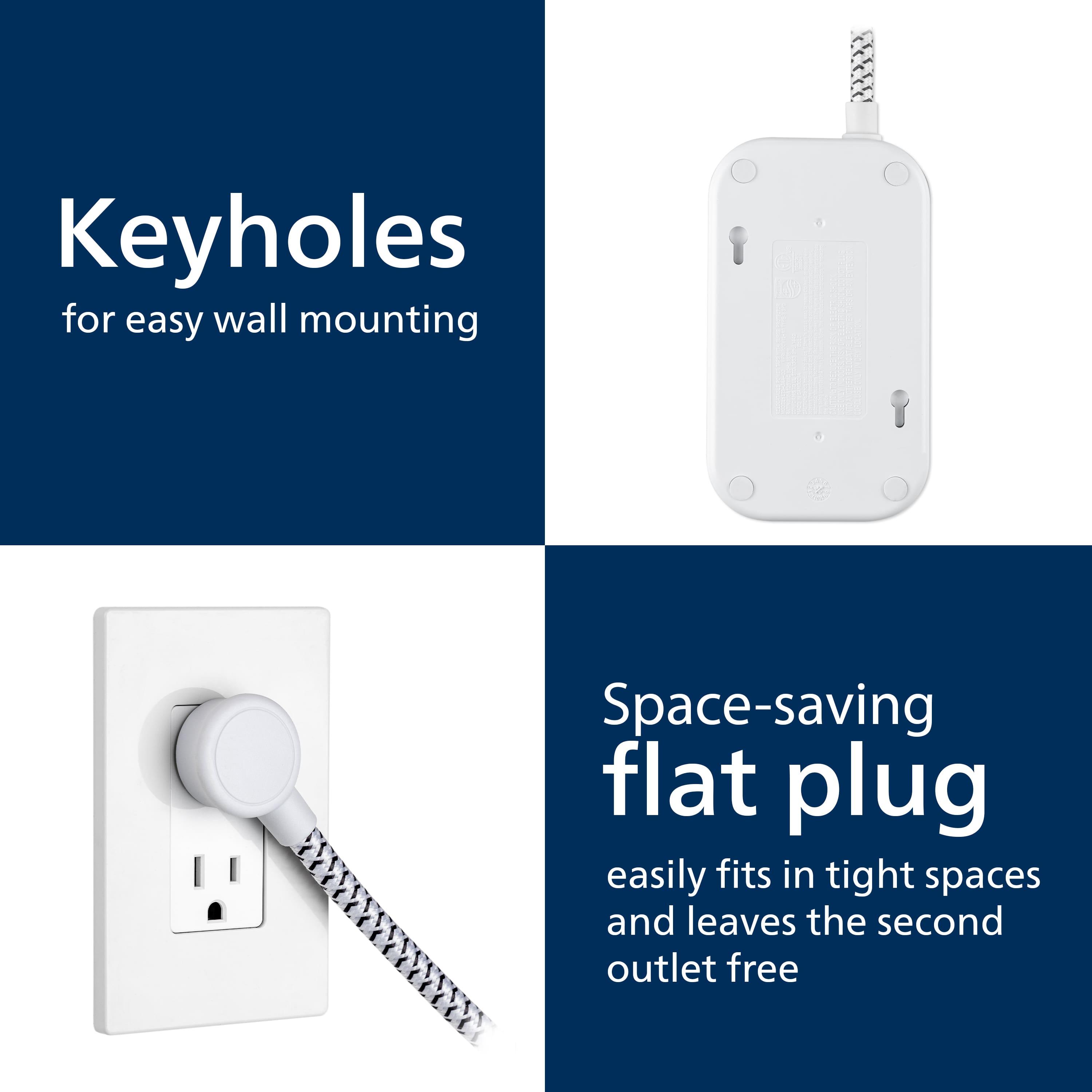 Keyholes for easy wall mounting, Space-saving flat plug easily fits in tight spaces and leaves the second outlet free.