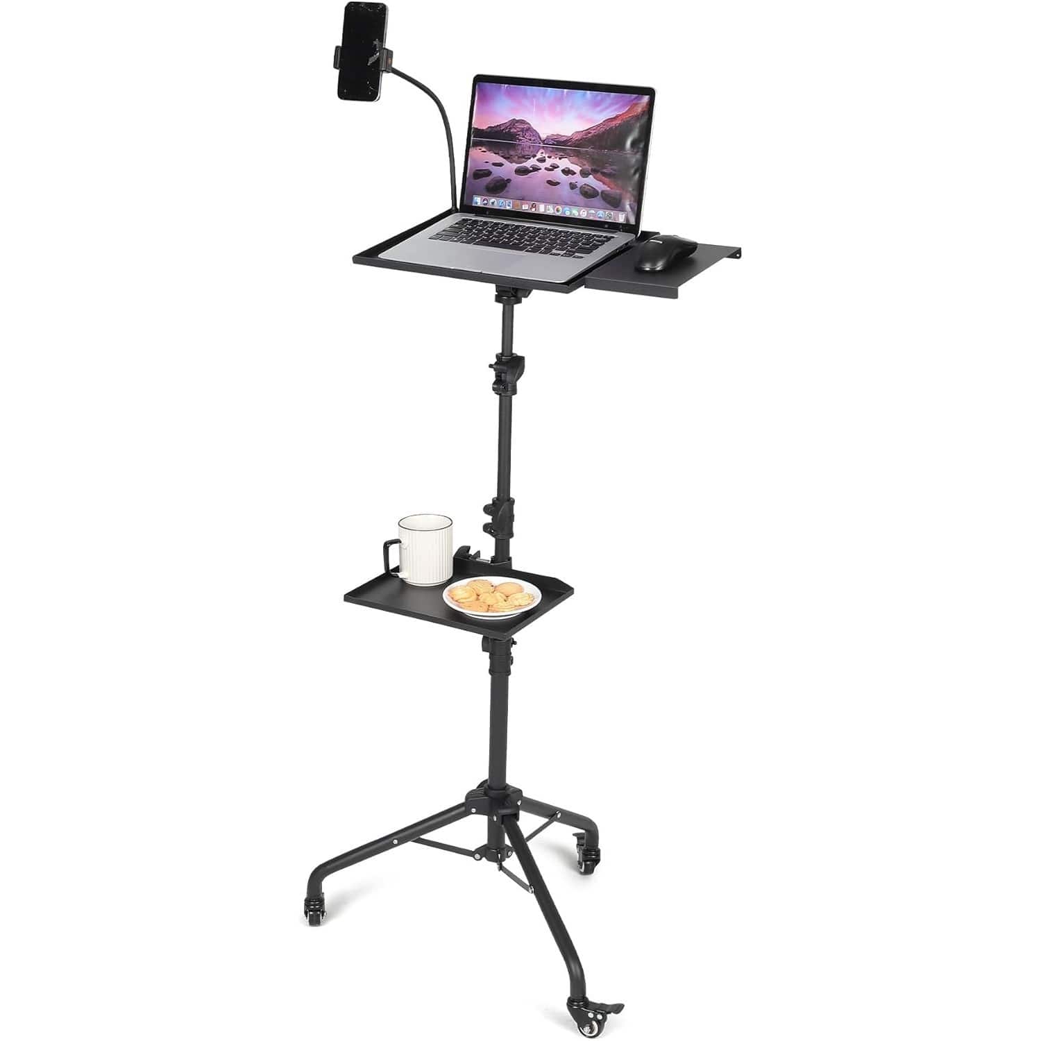 TROPOW -  Laptop Tripod Projector Stand with Wheels, 2 Shelves Mouse Tray Phone Holder, Adjustable Height 23 to 49 Inch - Black