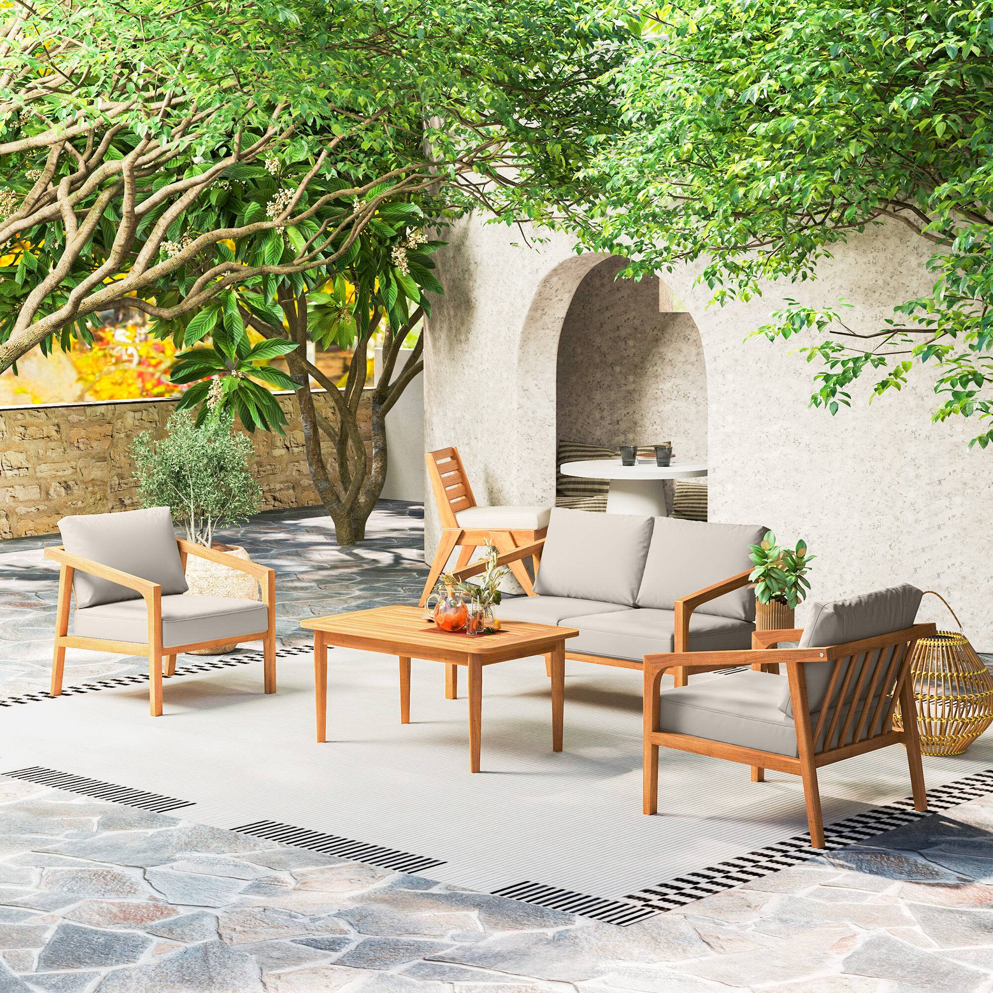 Alt View 7. Outsunny - 4 Pieces Acacia Wood Patio Furniture Set, Outdoor Sofa Loveseat & Chairs with Thickened Cushions - Teak.