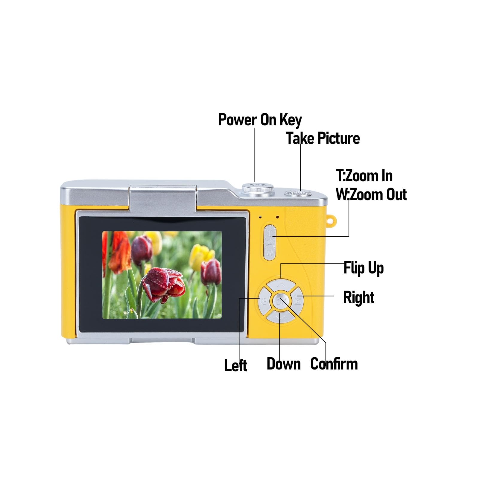 - Power On Key
- Take Picture
- T: Zoom In
- W: Zoom Out
- Flip Up
- Right
- Left
- Down
- Confirm
