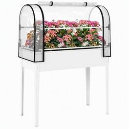 RYHNUYNE - Elevated Raised Garden Bed with Mini Greenhouse Cover, 26 Gallon Metal Planter Box on Legs for Outdoor Patio - White