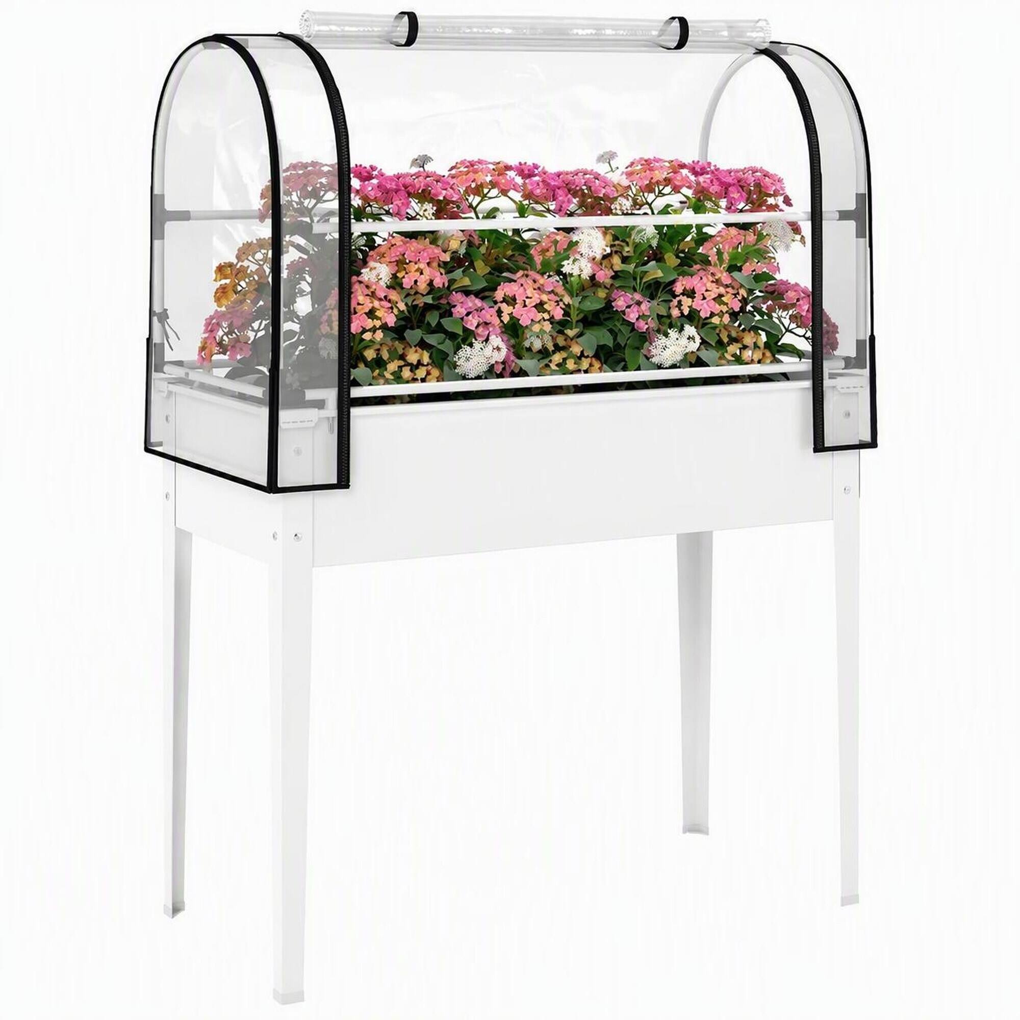 Front. RYHNUYNE - White Elevated Raised Garden Bed with Mini Greenhouse Cover, 26 Gallon Metal Planter Box on Legs for Outdoor Patio - White.