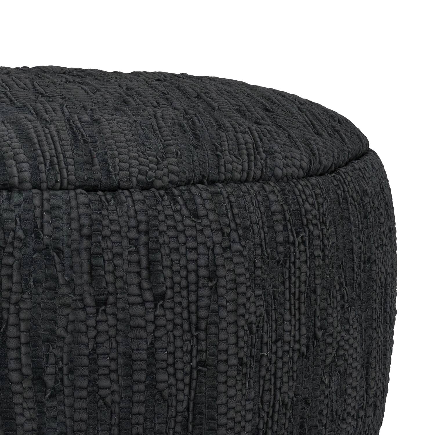 Alt View 4. Simpli Home - Fredrik 30 inch Wide Boho Pouf in Black Genuine Woven Leather, Assembled - Black.