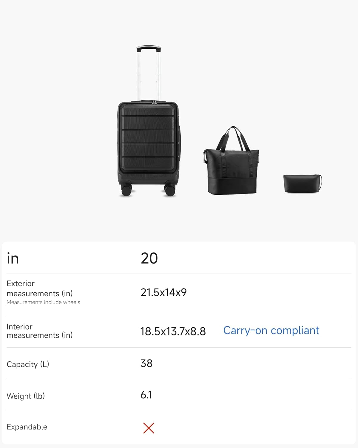 - Exterior measurements (in): 21.5x14x9
- Interior measurements (in): 18.5x13.7x8.8
- Carry-on compliant
- Capacity (L): 38
- Weight (lb): 6.1
- Expandable: No