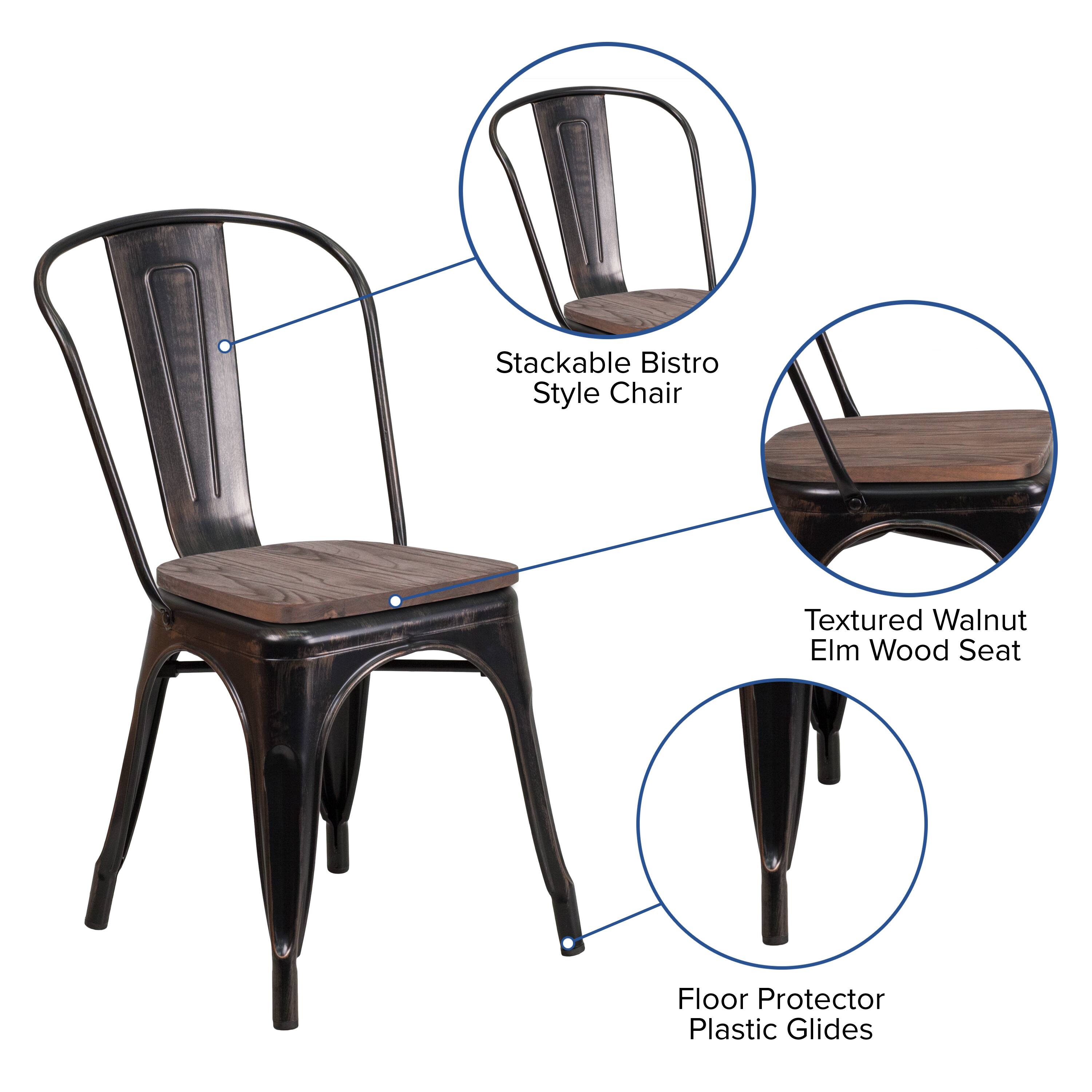 Stackable Bistro Style Chair  
Textured Walnut Elm Wood Seat  
Floor Protector Plastic Glides