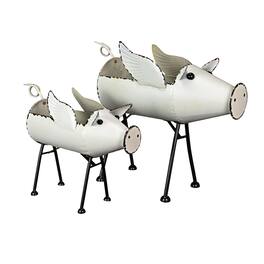 Zeckos - Rustic Painted Galvanized Metal Flying Pig Standing Planters Set of 2 - White