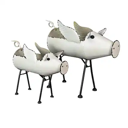 Front. Zeckos - Rustic White Painted Galvanized Metal Flying Pig Standing Planters Set of 2 - White.