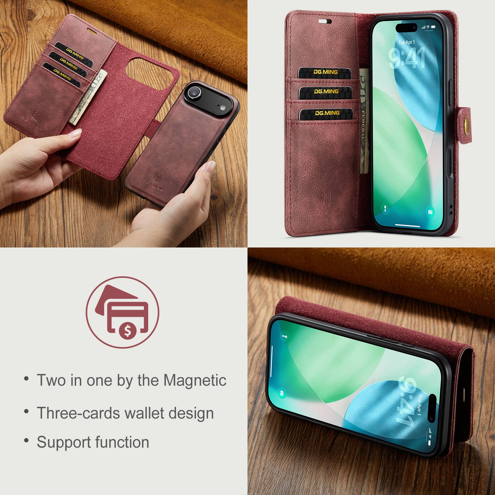 AF LNS n s 2 - 5 OG.MING DG.MING Tue Apr 1 9:41 DG.MING SE 1 $ Two in one by the Magnetic Three-cards wallet design Support function