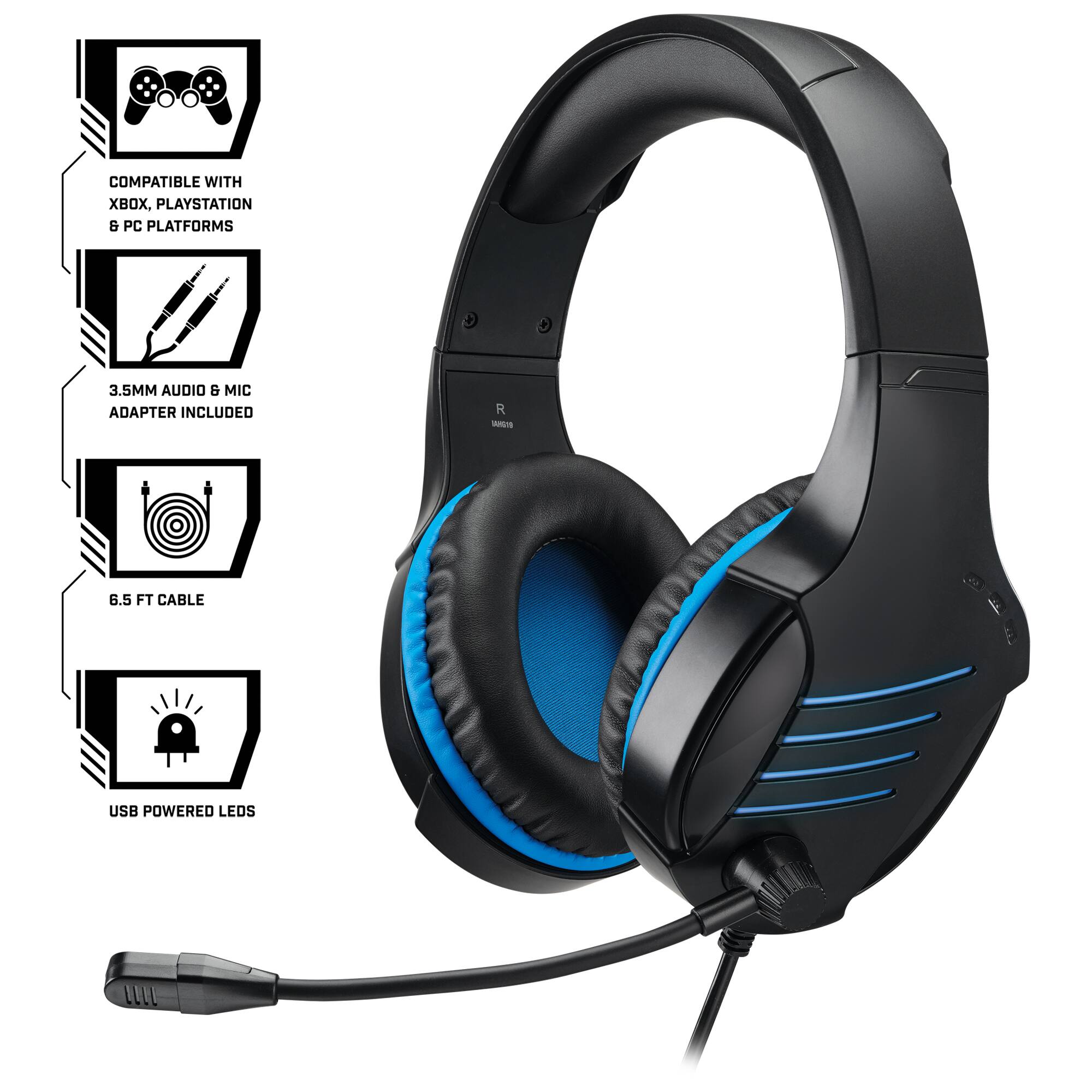 COMPATIBLE WITH XBOX, PLAYSTATION & PC PLATFORMS  
3.5MM AUDIO & MIC ADAPTER INCLUDED  
6.5 FT CABLE  
USB POWERED LEDS