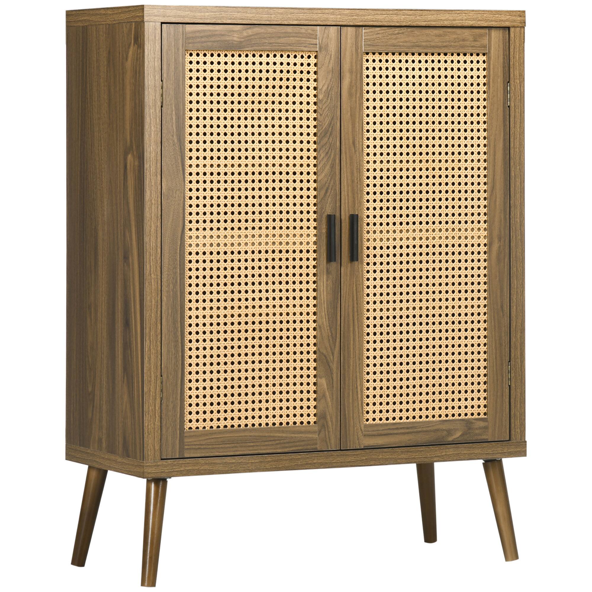 Front. Homcom - Sideboard with Rattan Doors, Adjustable Shelves, Solid Wood Legs - Brown.