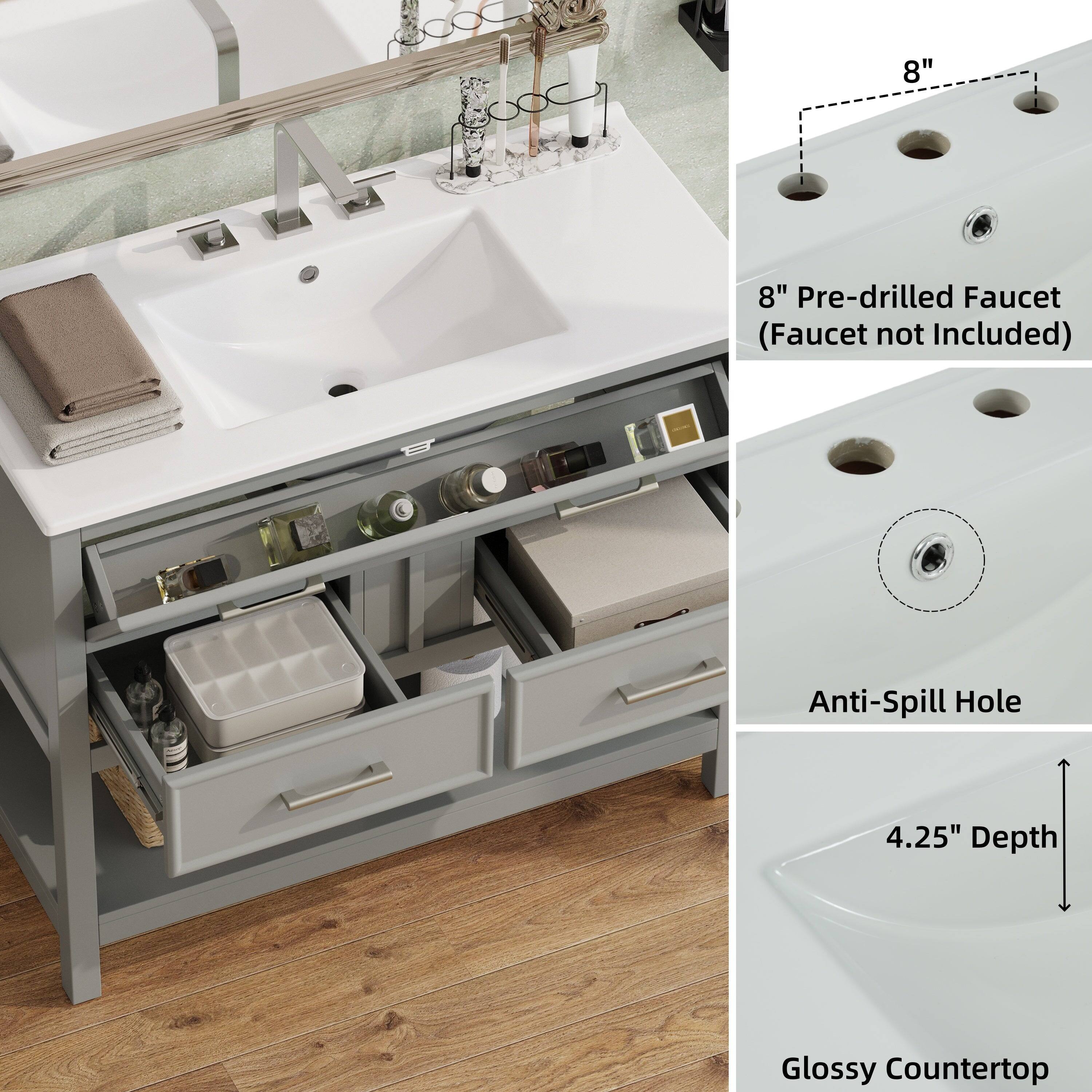 8" Pre-drilled Faucet (Faucet not Included)  
Anti-Spill Hole  
4.25" Depth  
Glossy Countertop