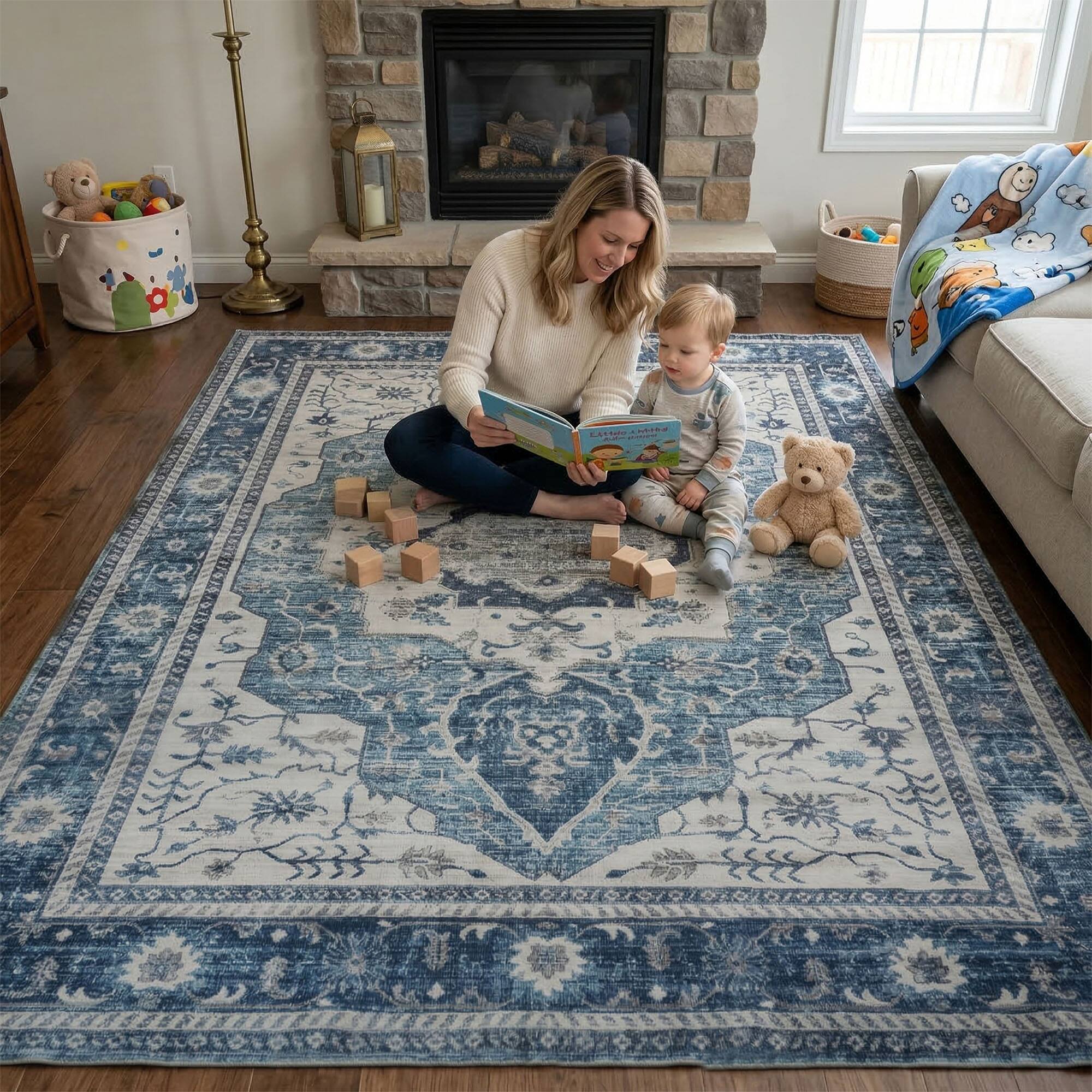 Alt View 1. RYHNUYNE - 5x7 Area Rugs Living Room Rug, Washable Vintage Medallion Rug, Soft Carpet for Dining Room Bedroom Home Office(Blue) - Blue.