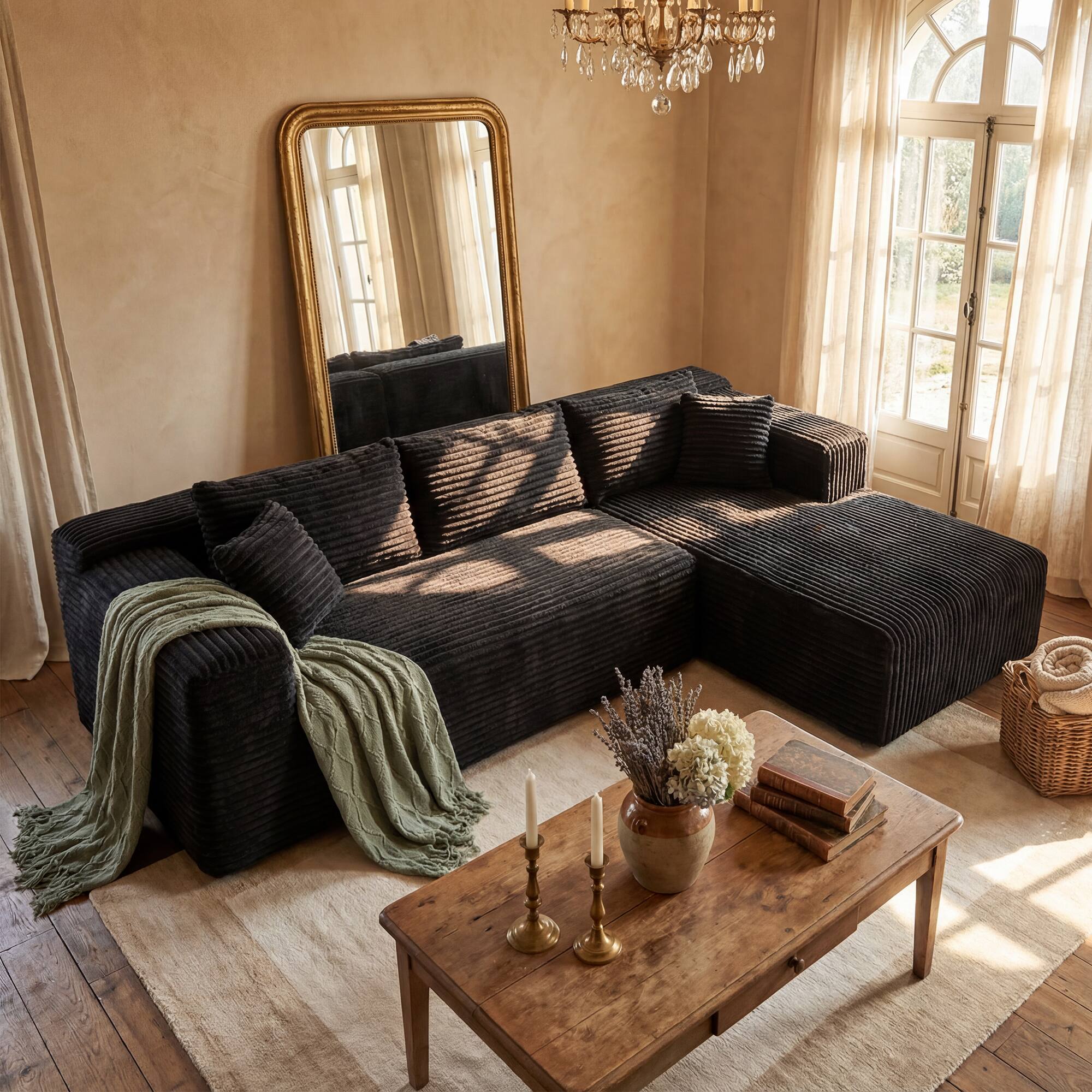Alt View 7. FUFU & GAGA - Modular Corduroy L-Shaped Sectional Sofa with Chaise, High-Density Rebound Sponge Cushions Tool-Free Assembly - Black.