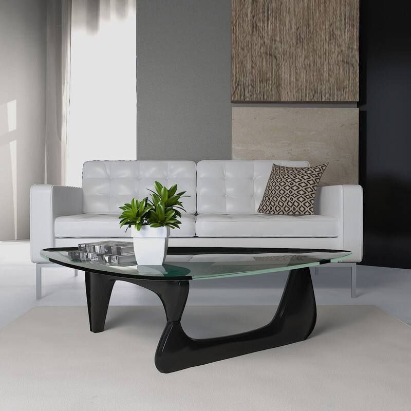 Angle. LeisureMod - Imperial Modern Triangular Tempered Glass Coffee Table with Cross-Brace Wooden Base for Home & Living Room - Black.