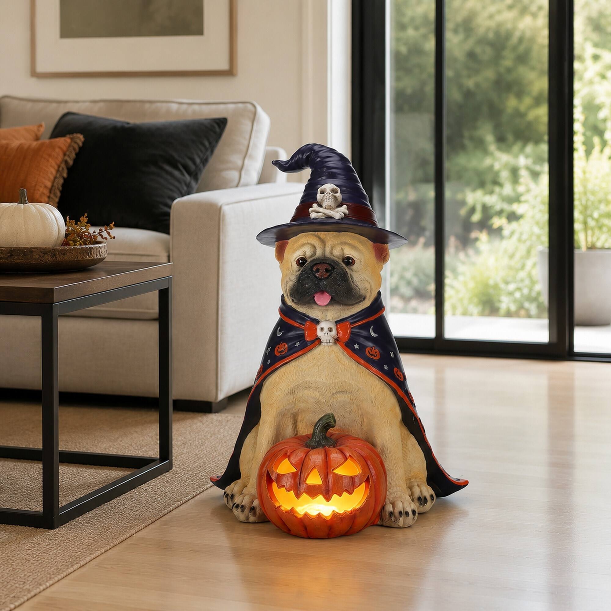 Back. RYHNUYNE - Halloween Bulldog Witch Statue with Glowing Jack-O-Lantern Pumpkin for Porch Entryway and Party Displays - Beige.