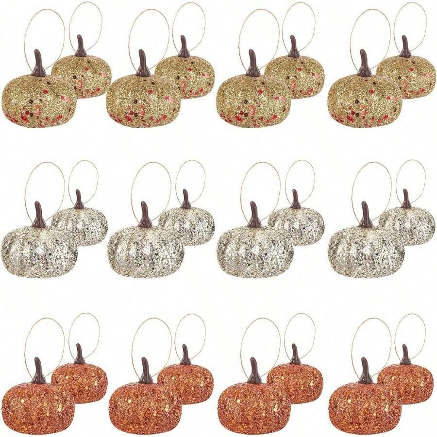 Live At Space - 24 Pcs Fall Thanksgiving Pumpkin Artificial Glitter Pumpkin Sparkly Foam Hanging Ornaments Realistic Decoration Crafts - initial