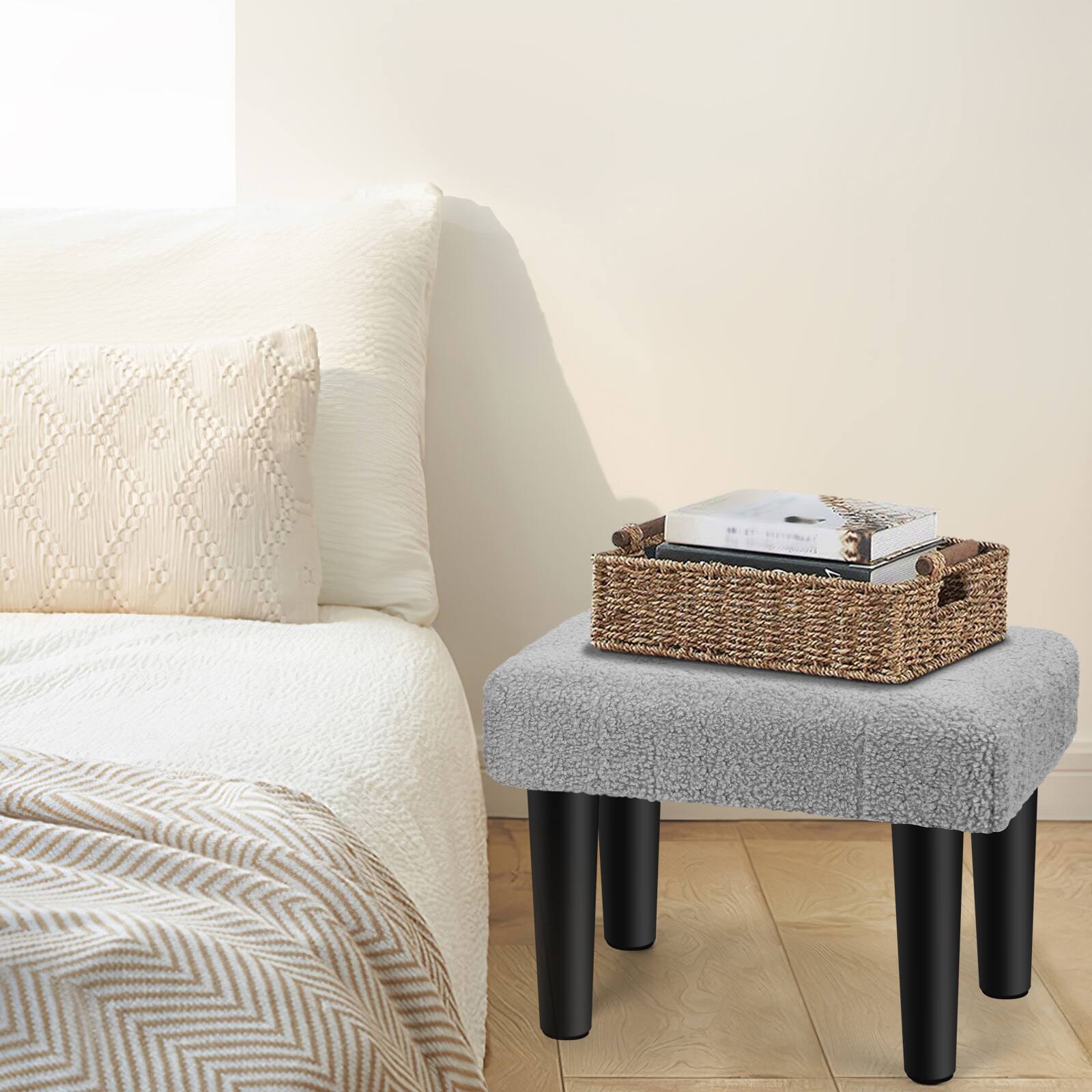 Alt View 2. Oumilen - Light Gray Tufted Teddy Fleece Foot Stool – 4 Black Wood Legs Mini Ottoman for Living Room Bedroom Vanity - Gray.