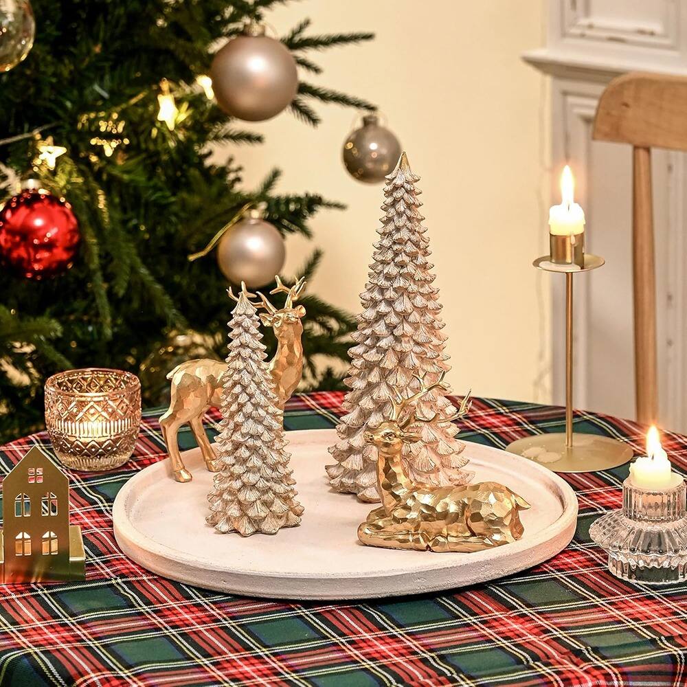 Angle. RTMB - “2-Pc Resin Christmas Tree Figurines, White with Gold, Tabletop Decor” - Vintage White.