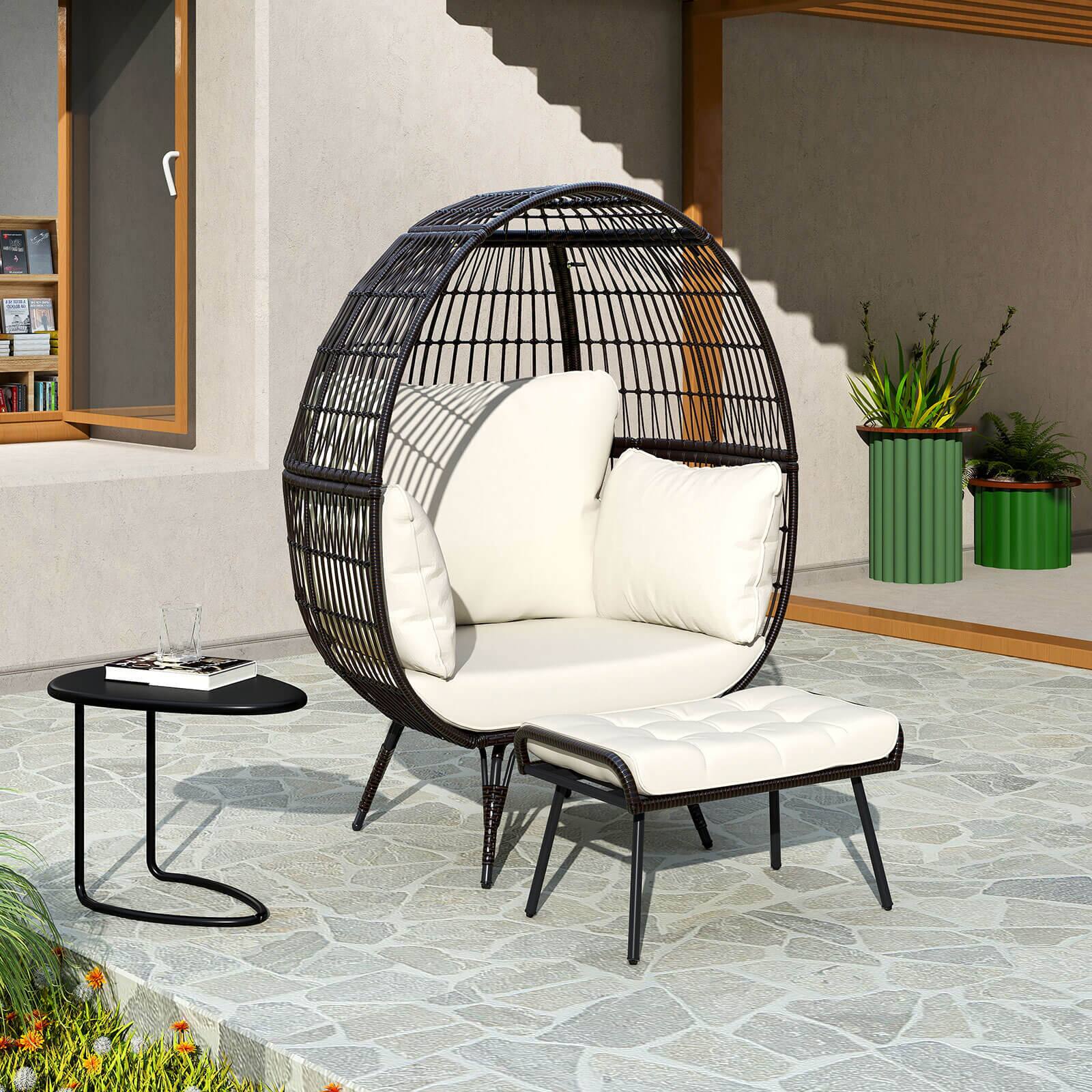 Alt View 3. Costway - Costway 2 PCS Patio Wicker Lounge Basket Set Oversized Egg Chair with Soft Cushions - Off White.